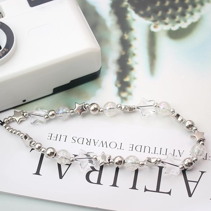 Beaded Camera Wrist Strap,Cute Phone Charm Decor,Pearl Bracelet Wrist Strap | Phone Keychain Decoration for Wallet,Durable Nylon Rope Lanyard,Compatible with all Phone Case,Silver Star - Image 6