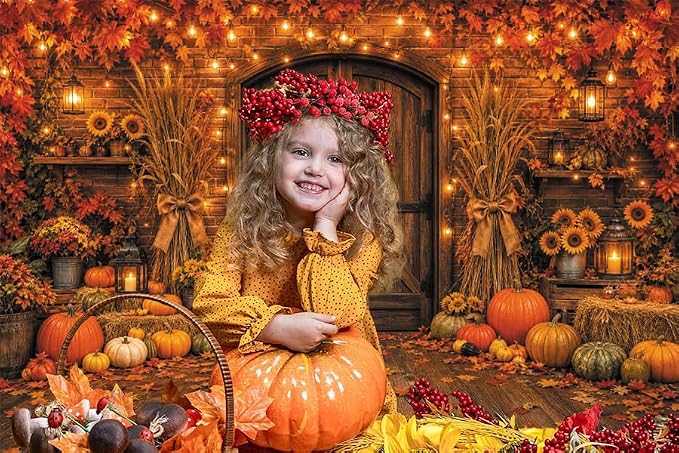 Rustic Barn Wooden Door Fall Backdrop 8x6ft Brick Wall Maple Leaf String Light Thanksgiving Background Pumpkin Sunflower Haystack Harvest Autumn Famliy Party Decorations Vinyl - Image 5