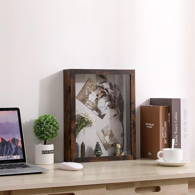 Muzilife 11x14 Shadow Box Picture Frame, 2.16 Deep, HD Glass, Honey Brown | FSC-Wood, Magnetic Door, Linen Interior & Pins, Vertical, Horizontal Wall Hanging, Display Case Frame for Photos & Keepsakes - Image 2