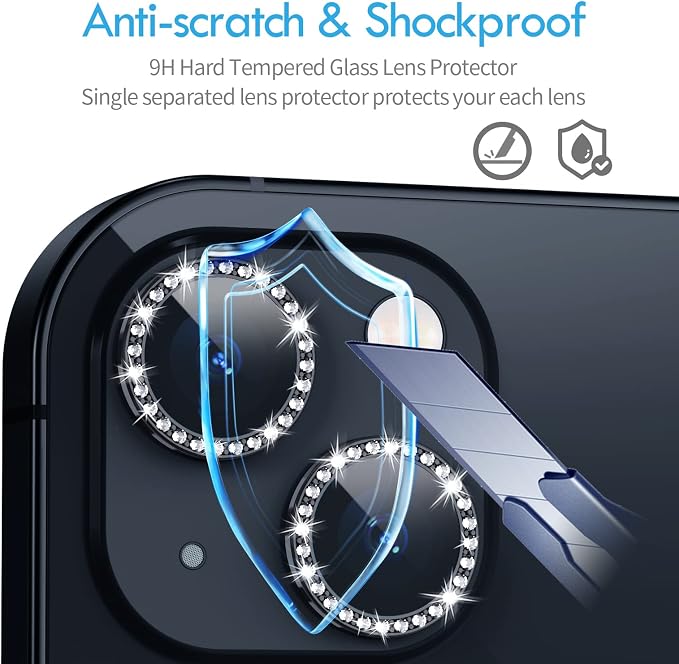 for iPhone 13/13 Mini Camera Lens Protector Bling Diamond, Black | Individual Metal, 9H Hardness, Scratch Resistant, Shockproof, Drop Protection, Case Friendly, Stylish Accessories - Image 3