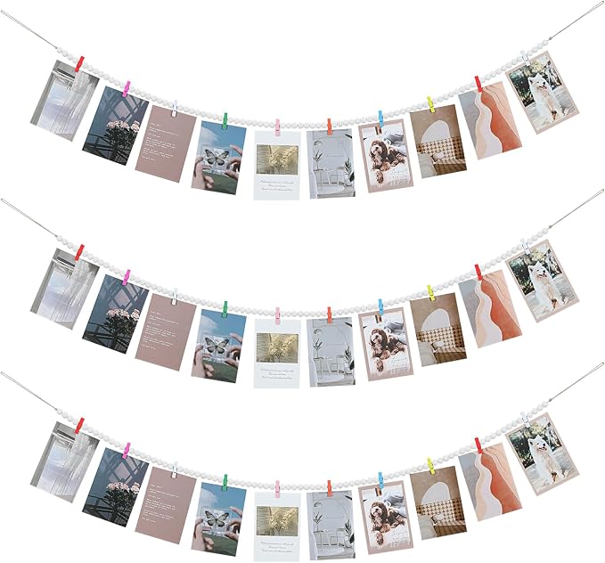 KLOGTSIND Hanging Photo Display with Clips, 3PCS Wood Bead Garland Banner | Photo String Banner with 10 Clips for Bedroom Room Dorm Cubicle, Picture Cards Artwork Display, Christmas Teen Girls Gifts by KLOGTSINDDirect