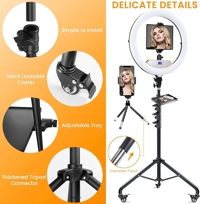 18" Ring Light with Stand: Lockable Wheels, LED Display & Foldable, | 75" Tripod Stand,3 Color modes 6500K / 2 USB Ports Large Ringlight , Video Recording Live Tattoo Makeup Barber Photography - Image 5