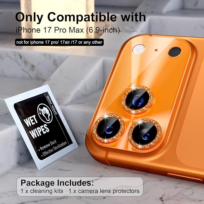 Choiche for iPhone 17 Pro Max Camera Lens Protector, Light-Orange | Bling Metal Camera Cover with 9H Tempered Glass Lens Screen Protector Accessories, Strong Adsorption, Case-Friendly, 6.9-inch - Image 2