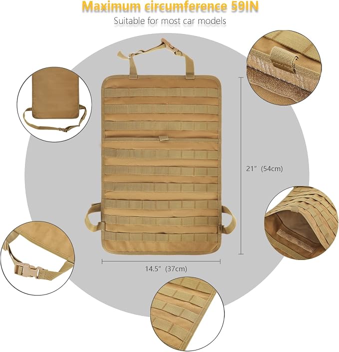 Universal Tactical Car Seat Back Organizer Bag Tactical Molle Vehicle Organizers Panel Vehicle Protector Organizers with 5 Detachable Pouches for Car Truck Ford Jeep (Khaki) - Image 3