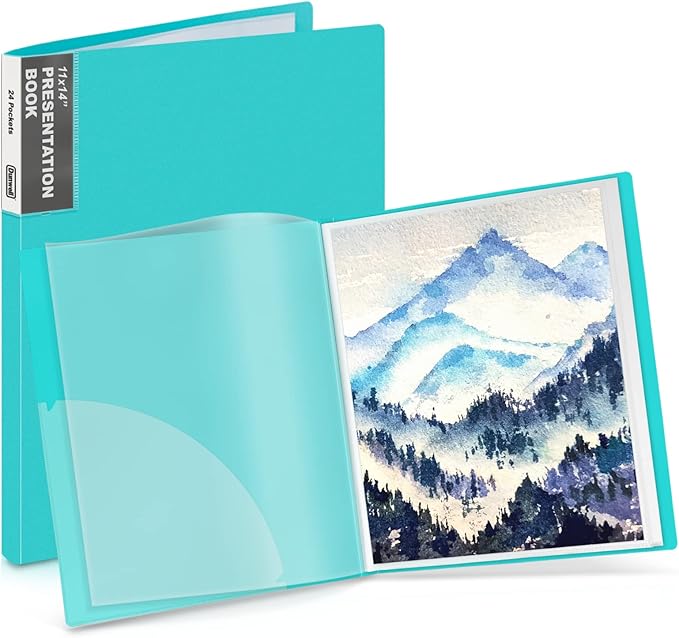 Dunwell 11x14 Art Portfolio Binder, 24 Pockets, Acid-Free, Aqua | Clear Plastic Sleeves, Presentation Book, For Documents, Certificates & School Artwork by Dunwell