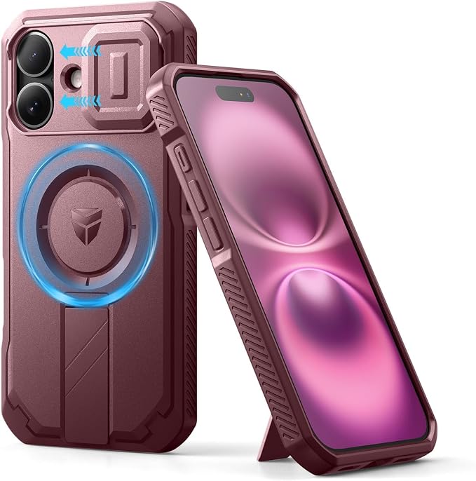 Dexnor for iPhone 16 Case with Slide Camera Cover & Adjustable Kickstand, Magnetic Rugged Shockproof Bumper Cases Heavy-Duty Magnetic Protective Cover,Maroon Red by Dexnor