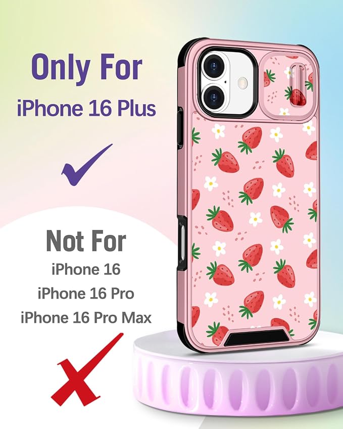 Buleens for iPhone 16 Plus Case 6.7 Inch - with Ring Stand & Camera Cover Aesthetic Cute Designed for Women Girls Pretty Girly Kawaii Strawberry Phone Case for iPhone 16 Plus Compatible with Magsafe - Image 2
