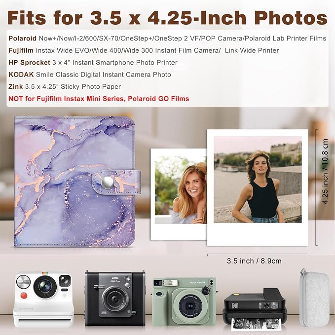 Fintie Small Photo Album Book for 3.5x4.25" Polaroid Films - 52 Pockets | For Polaoird I-Type/600/Sx-70 Films, Fujifilm Instax Wide Pictures Albums Book, Boys & Girls Memory Keepsakes, Lilac Marble - Image 2