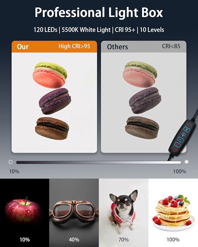 Light Box Photography, 12"x12" Photo Booth Box with 120 LED Lights Dimmable & CRI＞95, Portable Lightbox with 8 Backdrops for Mini Product Photography: Jewelry, Cards, Watches - Image 2