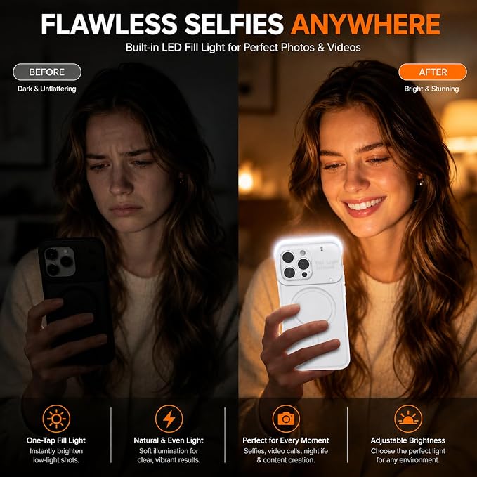 tesha Selfie Light Case for iPhone 16 Pro Max, MagSafe, Camera Detector | 2-Level LED Brightness, IR Hidden Camera Scanner, Drop Protection, Rechargeable Light Up Cover, No APP Needed for Video Vlog - Image 2