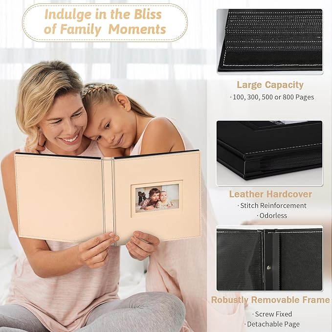 Popotop 4x6 Photo Album Holds 800 Pictures, Vegan Leather Hardcover | 800-Photos Capacity, Clear Slip-In Pockets, Extra-Large Collection Format, Front Photo Window, Gifts for Family Wedding Baby - Image 4
