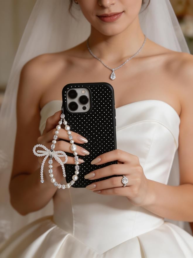 Cell Phone Charm Pearl Beaded Phone Wrist Strap Elegant Aesthetic Handmade Anti-Lost Pearl Chain Bracelet for iPhone Samsung All Smartphones Wristlet Gift for Women Girls Clear Crystal Double Bow Faux - Image 4