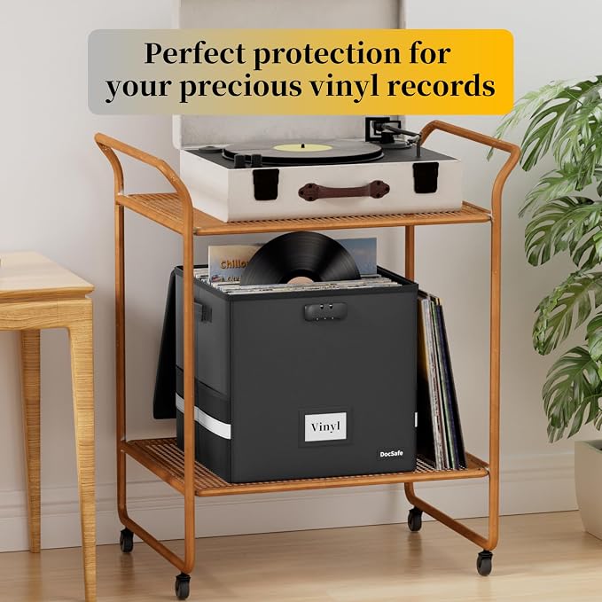 DocSafe Vinyl Record Storage Box with Lock, Fireproof Heat Insulated 5200°F Record Organizer Storage for 100+ Single Records(12-inch), Collapsible Storage Crate with Handles Safe for Home Travel - Image 8