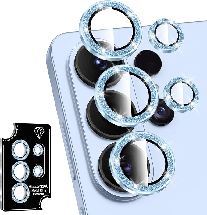 for Samsung Galaxy S26 Ultra Camera Lens Protector, Individual Metal Ring Tempered Glass Lens Cover, [Strong Adsorption] Scratch Resistant Ultra-Thin HD Clear Lens Cover, 1 Set-Blue Sparkly by Btscase