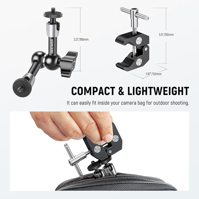 NEEWER 6"/15cm Adjustable Magic Arm with Super Clamp, 1/4" & 3/8" Threads, 1/4" Screws for Flash/LED Light/Microphone/Monitor, Compatible with SmallRig Camera Cage, Max Load: 4.4lb/2kg, ST15C - Image 6