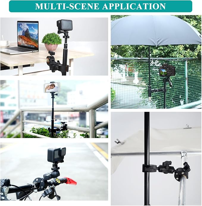 Super Double Clamp Camera Mount Umbrella Clamp for Chair | with 360° Magic Arm Double Ball Head Adapter for Umbrella, Wheelchair, Pole, Strollers, Motorcycle, Photo Studio Light Stand - Image 6