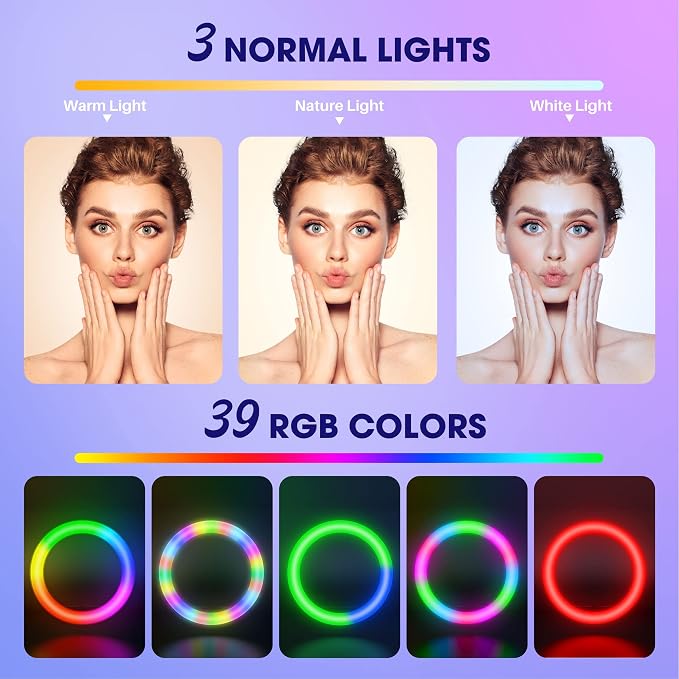 TODI 12" RGB Ring Light with 63" Tripod Stand, 3 CCT Mode and 39 Color Mode Selfie RingLight with Stand, 2-in-1 LED Ring Light with Selfie Remote, for Makeup, Live Stream - Image 3
