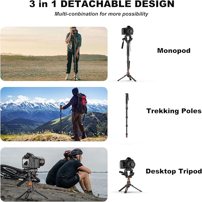Professional Camera Monopod with Feet, 73.2 inch Aluminum Portable Travel Video Monopod with Removable Tripod Stand Base, Max Load 22 Lbs, New Q6 Fluid Head for DJI RS4 Manfrotto, KX3232Q6 - Image 8
