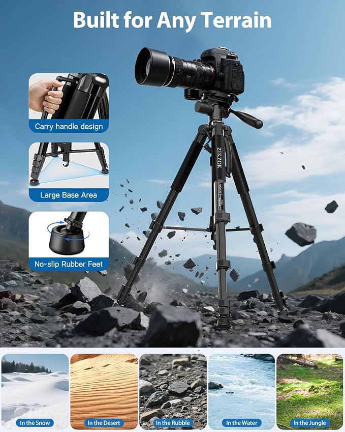 75" Camera Tripod, Aluminum Heavy Duty Camera Stand for ipad Phone, Travel Tripod with/Carry Bag/Phone Tablet Holder, Compatible with Canon Nikon Sony DSLR, Spotting Scopes, Max Load 15 Lb(Black) - Image 6
