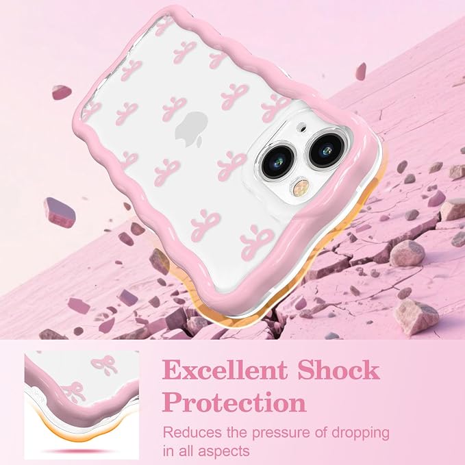 QLTYPRI for iPhone 15 Pink Bow Case, Clear Cute Pink Ribbon Bow Phone Case Curly Wavy Aesthetic Phone Cover, Soft Slim Transparent TPU Shockproof Protective Cover for Women Girls - Tiny Bow - Image 4