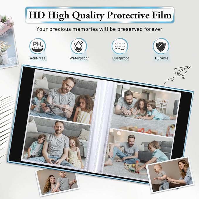 Photo Album 4x6,Linen Cover Slide-in Photo Album Book Can Holds 200 4x6 Photos with 50 Black Sheets for Baby Family Pictures Artwork or Postcards Storage (Denim Blue) - Image 4
