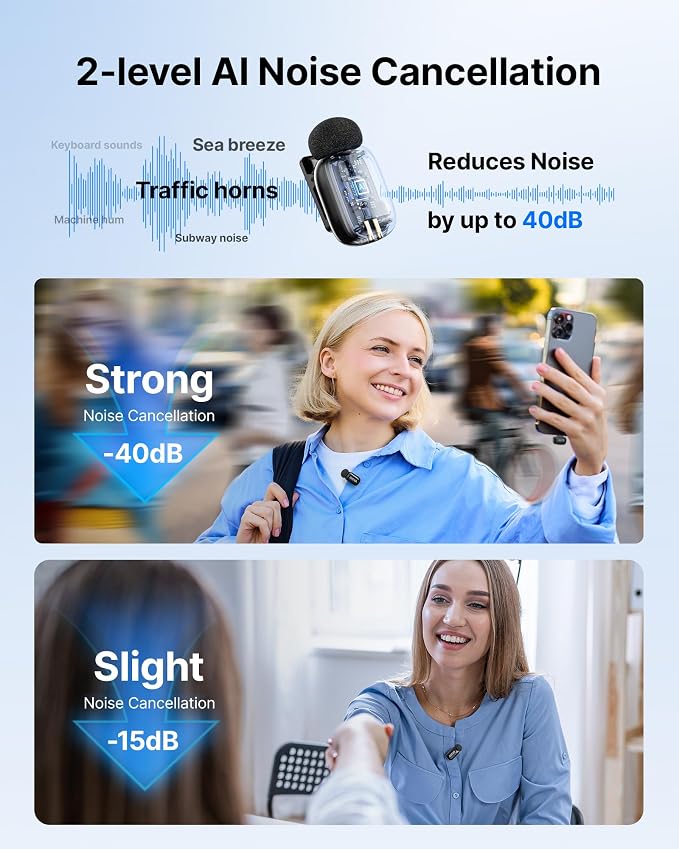 BOYA mini 2 Microphone for iPhone 5-14 with MFi Certified Lightning Plug | Lapel Microphone Wireless with AI Noise Cancellation, App Control, 30H Battery Life with Charging Case for Recording Vlogging - Image 4
