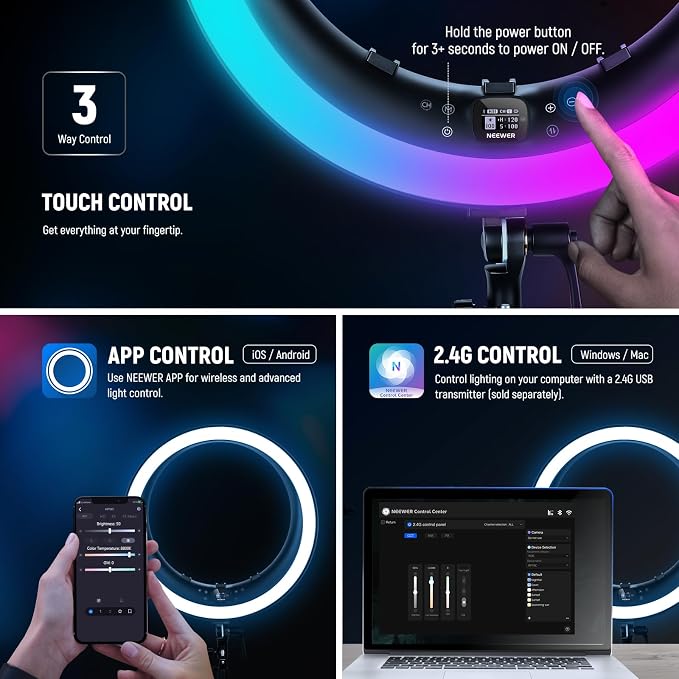 NEEWER 19" RGB LED Ring Light with Stand, 3 Phone Holders, Touch Panel, 2.4G/App Control, 42W CRI97+ 2800lux/0.5m 360° Hue Dimmable Professional Lighting for Makeup Live Streaming Zoom Calls, RP19C - Image 2