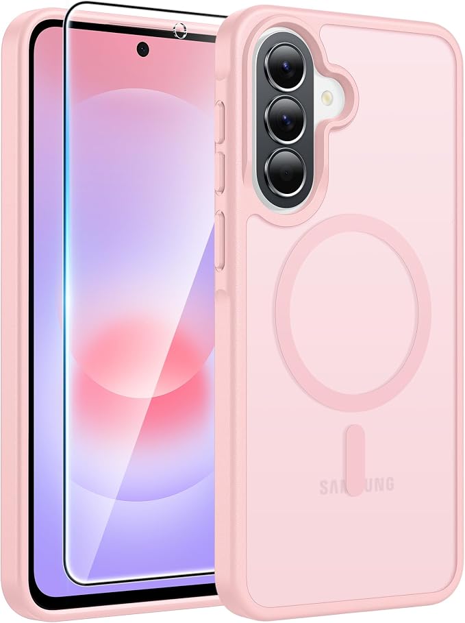 FNTCASE for Galaxy A37/A36 5G Phone Case, Fit for Magsafe, Screen Protector | Translucent Matte Magnetic Back, 14FT Military Grade Drop Protection, Shockproof Protective, for Samsung A37 Cover,Light Pink by FNTCASE