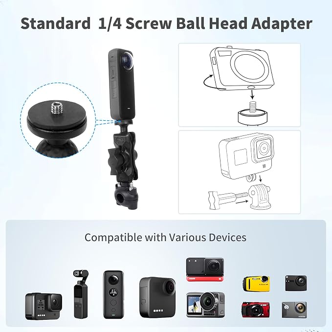 Bike Motorcycle Camera Mount Bundle Kit, 1/4" Screw & Tripod Mount Adapter, 360°Rotating Ball Head Base - Super Clamp Mounting for Most Action Camera, Rearview Mirror(0.35"-0.47") 75015 - Image 4