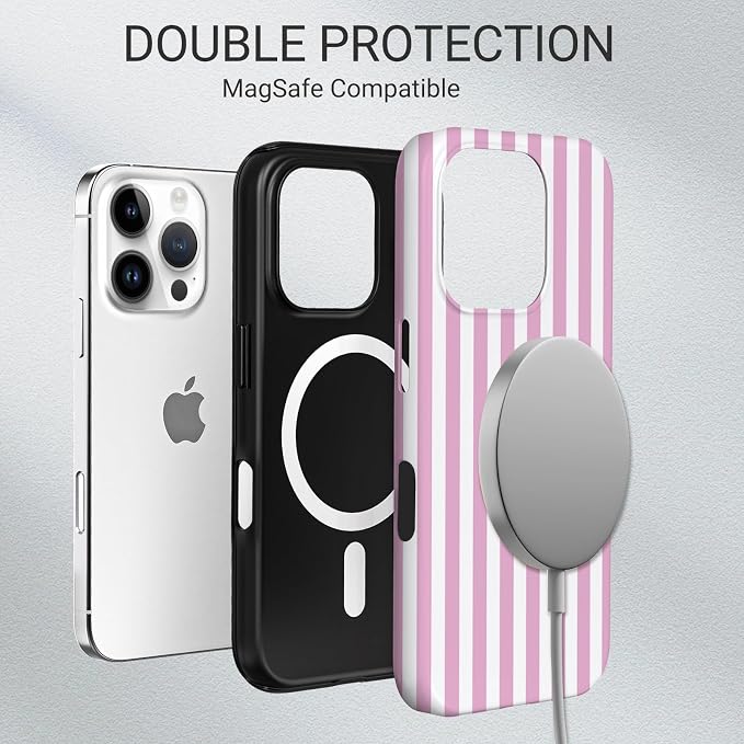 TPU Phone Case for iPhone, MagSafe Wireless Charging Compatible, Shockproof Slim Fit Protective Cover with Anti-Yellowing & Raised Camera Protection (Pink Stripe, iPhone 16 Pro) - Image 6