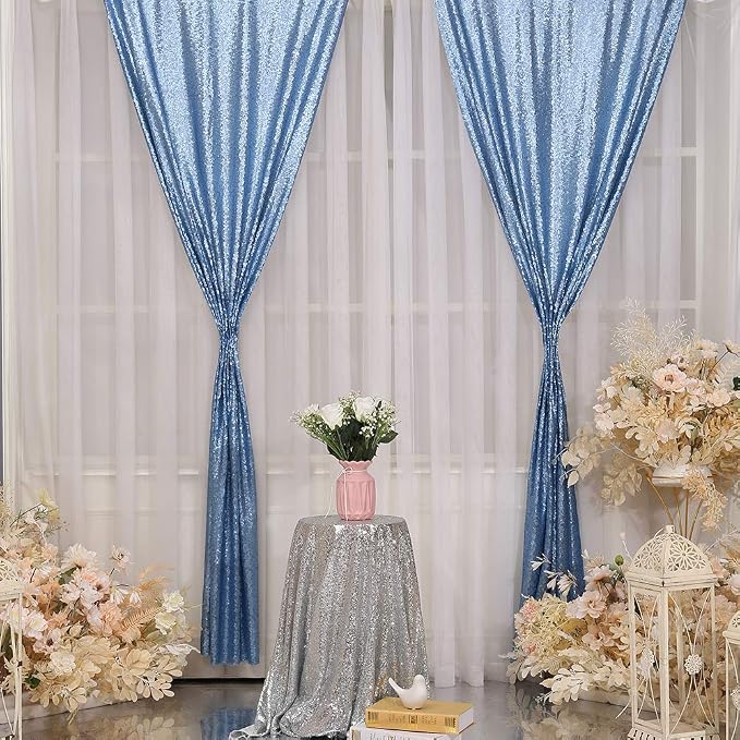 Poise3EHome Baby Blue Sequin Backdrop Curtain, 2 Panels 2Ft x 8Ft Glitter Photography Background for Party Baby Shower Wedding Birthday Christmas Thanksgiving Halloween Decoration - Image 2