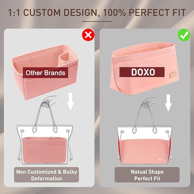 Doxo Purse Organizer Insert for Handbags & Base Shaper 2pc Set, Felt Neverfull PM Organizer Insert, Tote Bag Organizer with Zipper Pocket and Bottle Holder, Fit Neverfull PM and More, Pink-M - Image 4