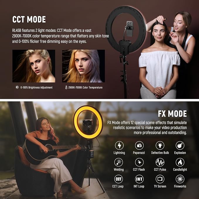 NEEWER 18 Inch Edge Lit Ring Light with Tripod Stand Phone Holder Compatible with iPhone for Video Recording Selfie Makeup Studio Streaming, 45W 2900-7000K APP 2.4G Control Ringlight Lighting, RL45B | Compatible with iPhone, Video Recording Selfie Make... - Image 4
