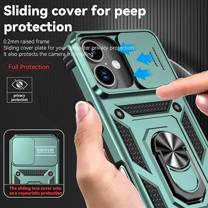 SunStory Compatible with iPhone 17 Case with HD Screen Protector & Slide Camera Cover & Rotated Ring Kickstand, [Military-Grade] iPhone Case for iPhone 17,Green - Image 3