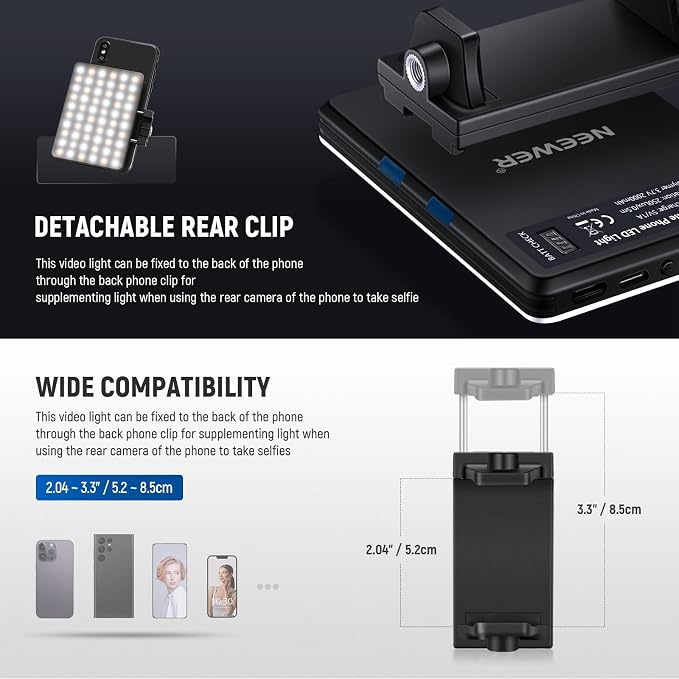 NEEWER Basics NL-60AI Selfie Light for Phone with Front & Back Clip, 60 LED 2000mAh Rechargeable CRI95+, 3 Modes, Portable Clip on Fill Lighting for Tablet Computer Laptop Zoom Call TikTok Video - Image 6