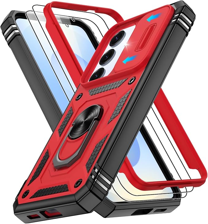 Gritup Fit for Samsung Galaxy S25 Case with Slide Camera Cover | 2 Pcs Screen Protector, Build in 360° Rotating Ring Kickstand, Military Grade Protective Phone Case, Red+Black by Gritup
