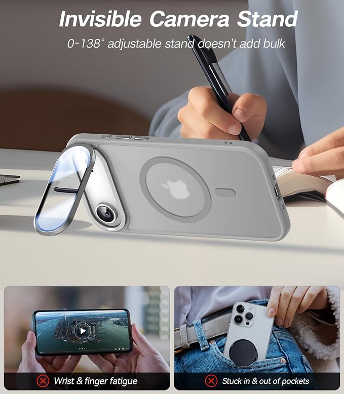 VOFATA [Upgraded Full Camera Protection] for iPhone Air Case with Camera Cover Stand [Fit for MagSafe][10FT Mil-Grade Protection] Translucent Magnetic Phone Cover for iPhone 17 Air Case, Grey - Image 3