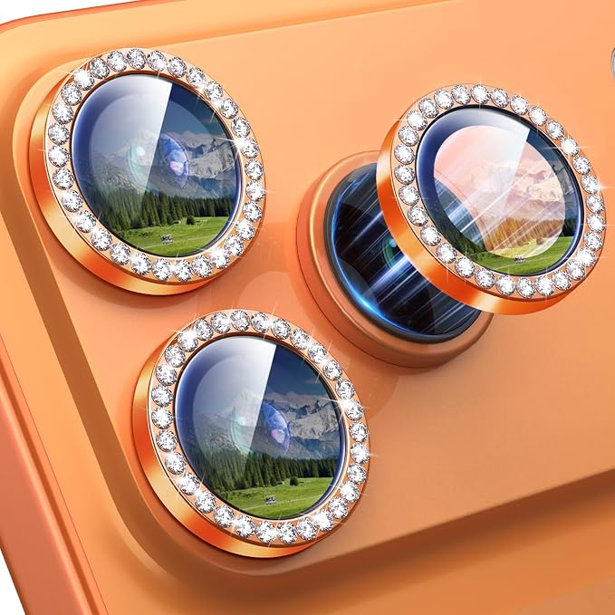 iPhone 17 Pro/17 Pro Max Camera Lens Protector Bling Diamond, Orange | Individual Metal, 9H Hardness, Scratch Resistant, Shockproof, Drop Protection, Case Friendly, Stylish Accessories by Xfilm