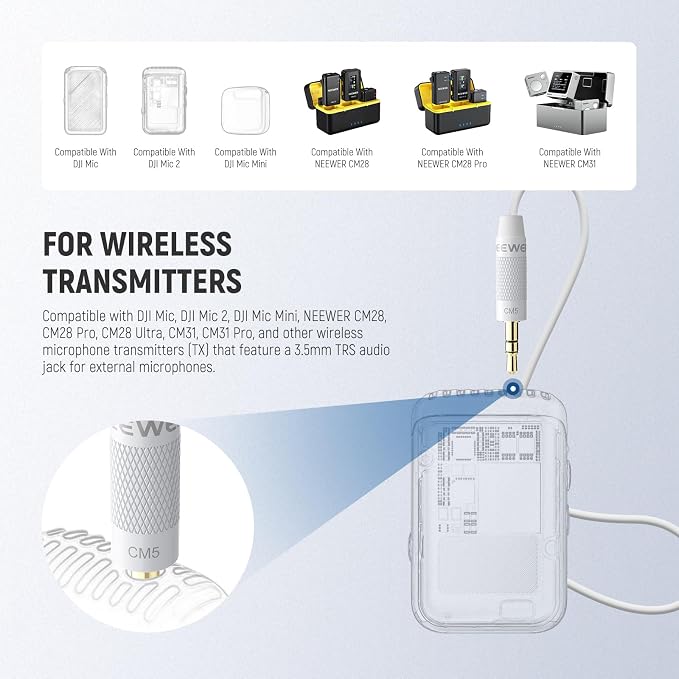 NEEWER 2 Pack Lavalier Lapel Microphone Compatible with Rode Wireless GO II 2 DJI Wireless Mic Transmitter, Omnidirectional Condenser Wired Clip On Lav Mic for Stage YouTube Live Streaming, CM5, White - Image 3