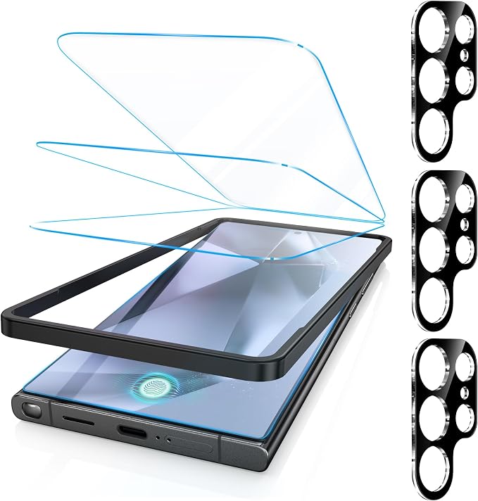 Fotbor [3+3 Pack Anti Blue Light Screen Protector for Samsung Galaxy S24 Ultra with 3 Pack Camera Lens Protector, [Alignment Frame] 9H Hardness, Easy Install, Ultrasonic Fingerprint Compatible by Fotbor