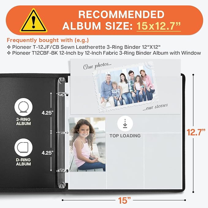 Dunwell 12x12 Scrapbook Page Protectors, 50 Pack, Fits 3-Ring Scrapbook Album Binder, Combo Layout Holds 300 4x6 Vertical Photos Plus 6x12 Top Pocket, Acid-Free Poly 12x12 Scrapbook Page Protectors - Image 2