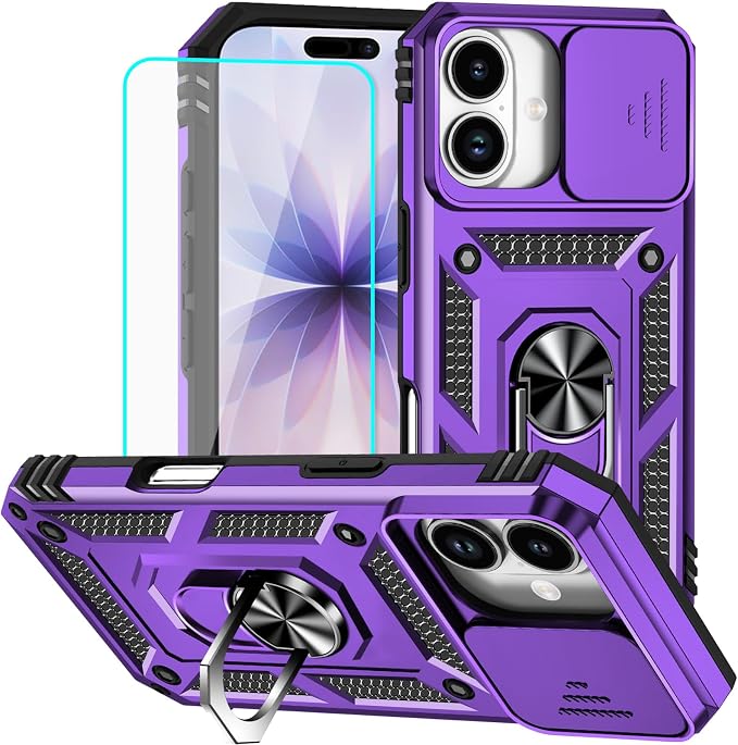 HNHYGETE for iPhone 17 Case with Screen Protector: [Military Grade 20ft. Drop Tested] Slide Camera Cover Ring Shockproof Protective Phone Case for - iPhone 17 (Purple) by HNHYGETE