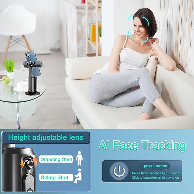 Crienten Auto Face Tracking Tripod, 360° AI Face Tracking Phone Holder with Remote, No App，Smart Phone Stand for iPhone & Android, Rechargeable Tripod for Video Recording, Live Streaming, TikTok, Vlog - Image 5