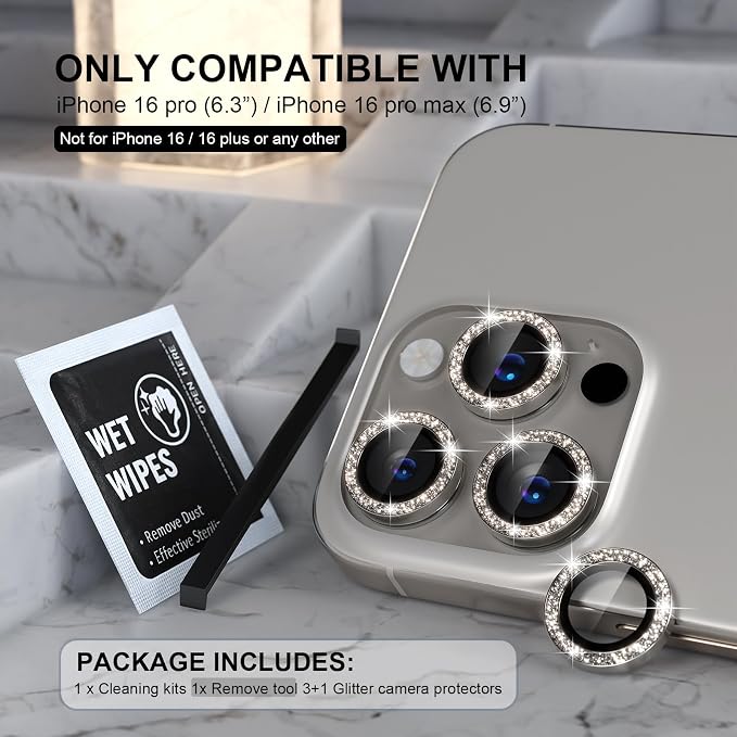 Choiche for iPhone 16 Pro/iPhone 16 Pro Max Camera Lens Protector | Ultra HD, Bling 9H Tempered Glass Camera Cover Screen Protector Metal Ring Decoration Accessories (Glitter-Titanium Natural) - Image 2
