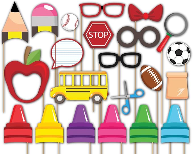 School Bus Photo Booth Props Kit - 20 Pack Party Camera Props Fully Assembled by BirthdayGalore