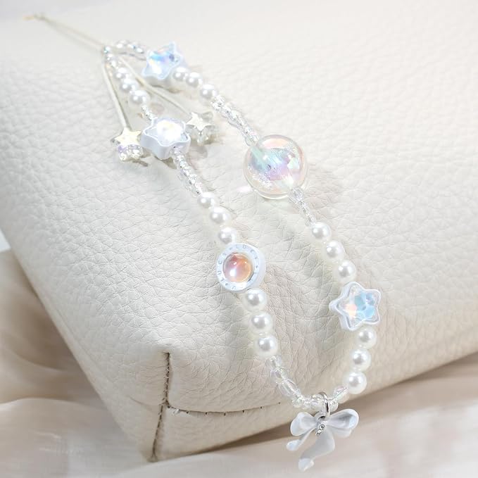Beaded Camera Wrist Strap,Cute Phone Charm Decor,Pearl Bracelet Wrist Strap | Phone Keychain Decoration for Wallet,Durable Nylon Rope Lanyard,Compatible with all Phone Case,Silver Star - Image 7