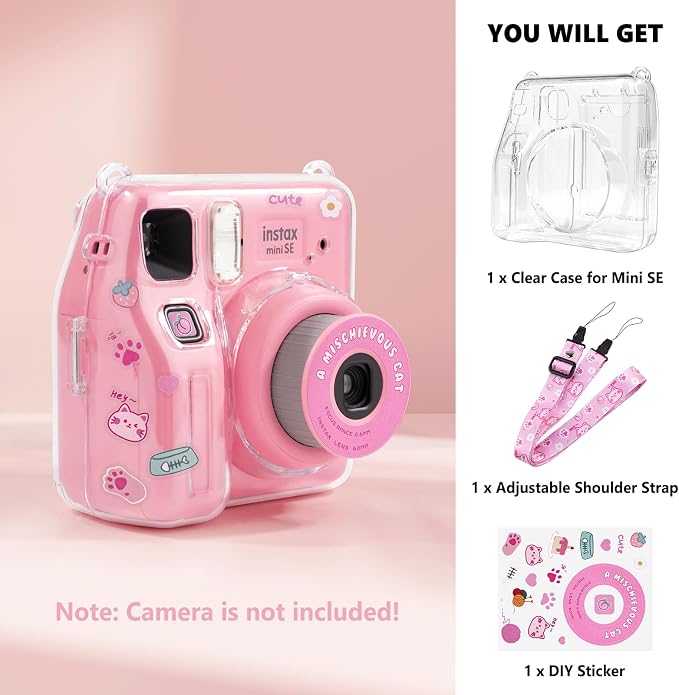 Fuji Mini SE Clear Case, Hard PC Protective Case for Instax Mini SE Instant Camera with Cute Cartoon Sticker & Adjustable Shoulder Strap - Pink Hey Cat - Image 7