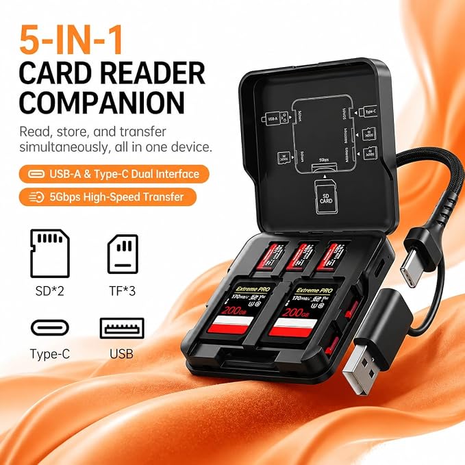5-in-1 Memory Card Reader with Storage Case, USB A & USB C 3.0 Dual Connector SD/TF Card Reader, 5Gbps High-Speed, for Mac, Windows, Android - Image 8