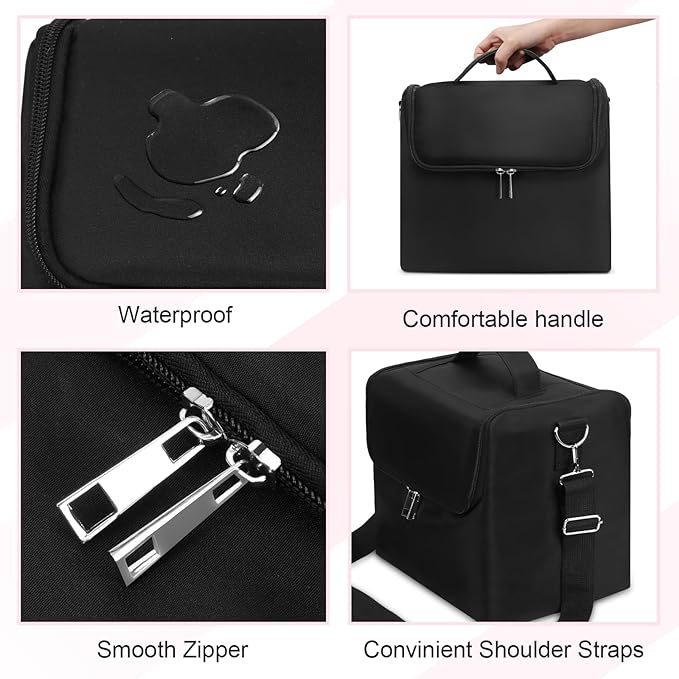 Large Makeup Carrying Train Case for Women, 4 Tier Travel Bag Box, Black | Nail Organizer Case-Adjustable Dividers, Waterproof, Detachable Shoulder Strap, Portable, Multipurpose Storage for Nail Tools - Image 5