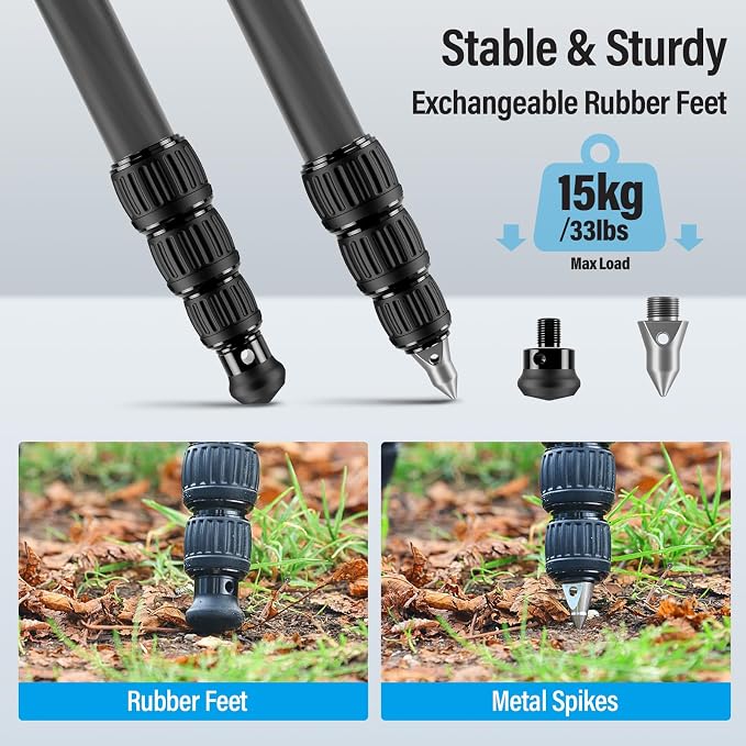SIRUI AM-284 Carbon Fiber Tripod for Travel, Professional Camera Tripod with 4-Section Legs, Twist Leg Locks, Detachable Metal Spikes, Loads up 33LB, Max Height 47.2“ - Image 6